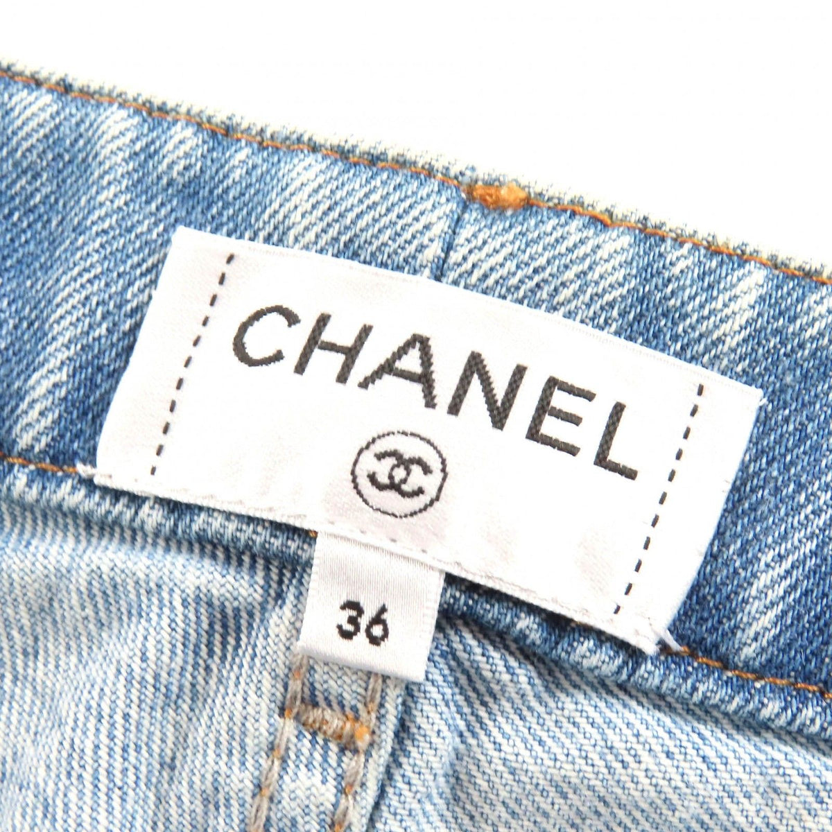 Chanel Cotton CC Logo Button Distressed Tulle Cropped Denim Pants Indigo Blue 36 — view 8