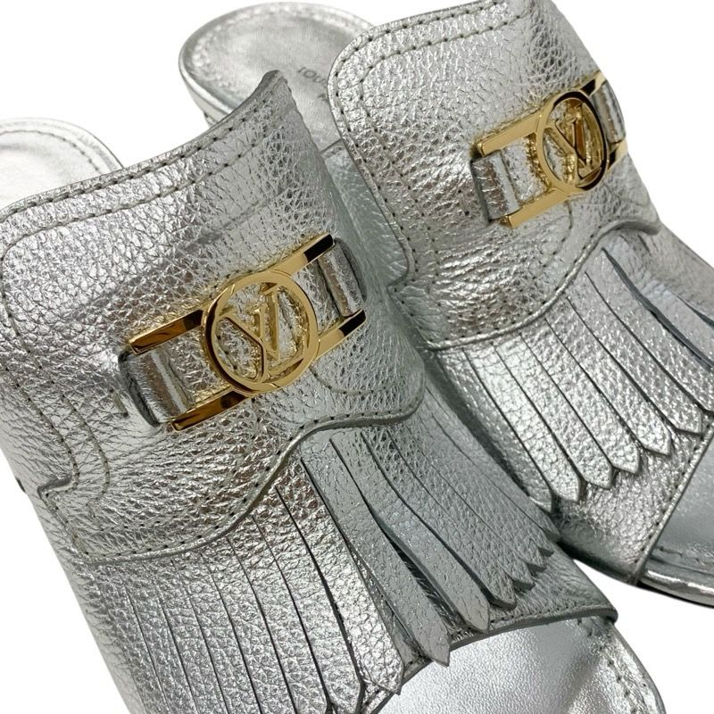 Louis Vuitton Indiana Line Sandals Shoes Leather Metallic Silver Gold Logo