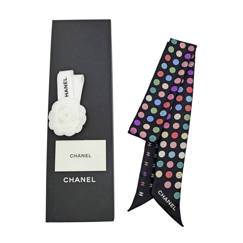 Chanel Headband Twill Black Multicolor Dot Coco Mark Silk Scarf