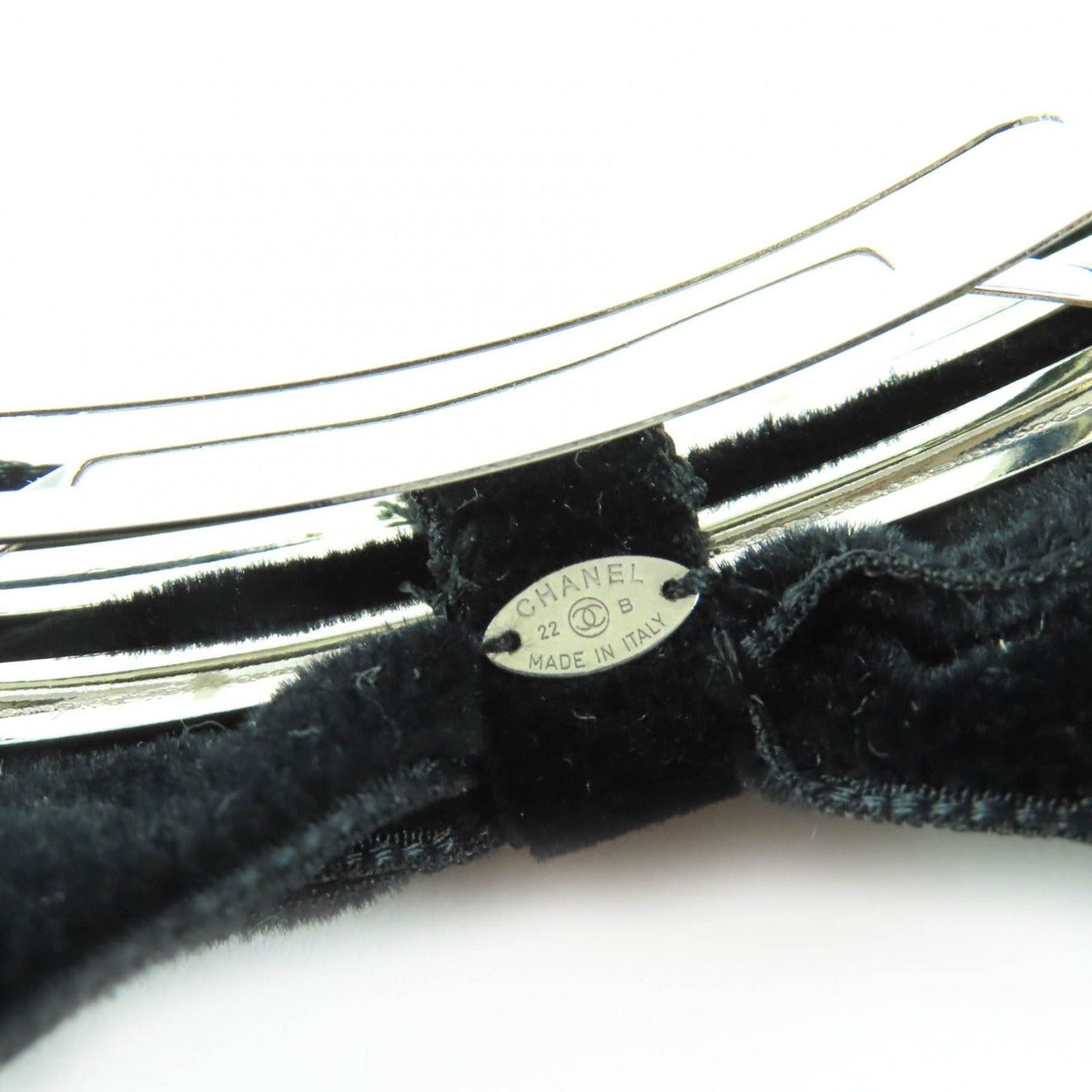 Chanel CC Logo Ribbon Velour Barrette Hair Black Silver — view 6