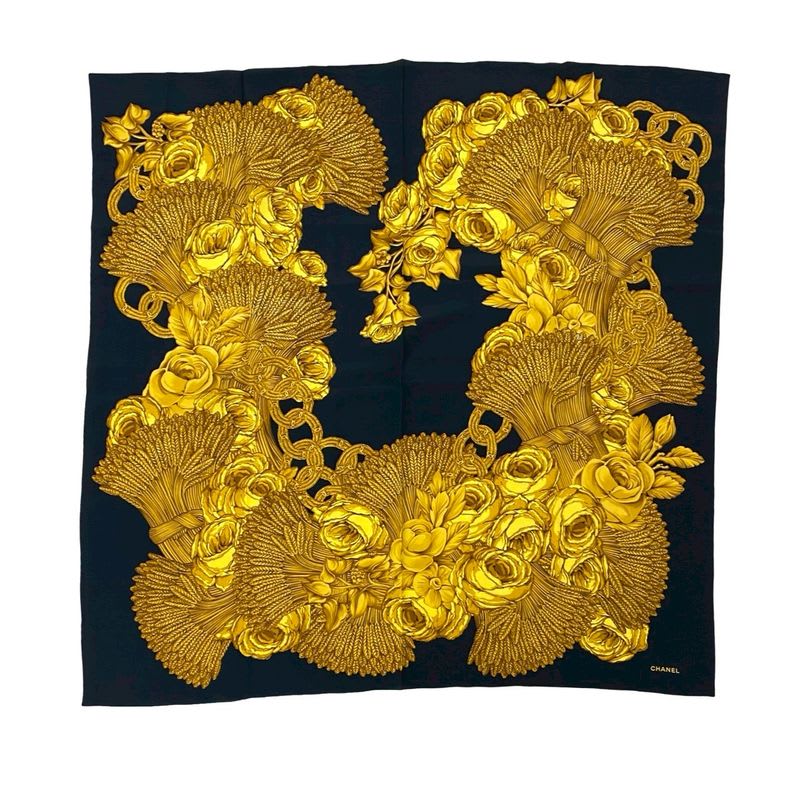 Chanel Tassel Floral Coco Mark Silk Scarf Women's Apparel Accessories Black
