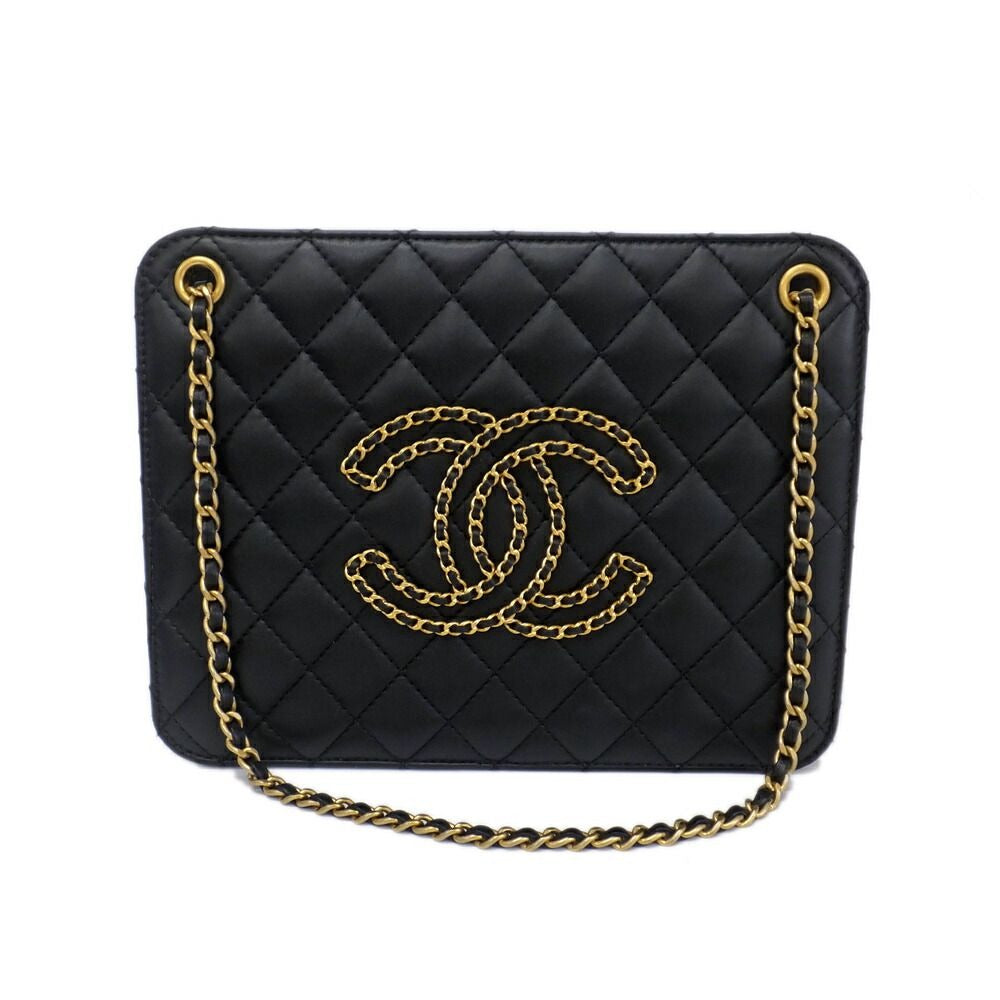 Chanel Accordion Black CC Logo Chain Shoulder Bag Lambskin