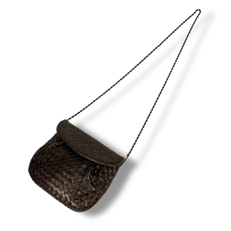 Bottega Veneta Chain Shoulder Bag Pochette Intrecciato Leather Brown Gold