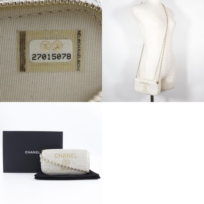Chanel Deauville Chain Shoulder 2WAY Clutch A84415 Tweed White Ladies Shoulder