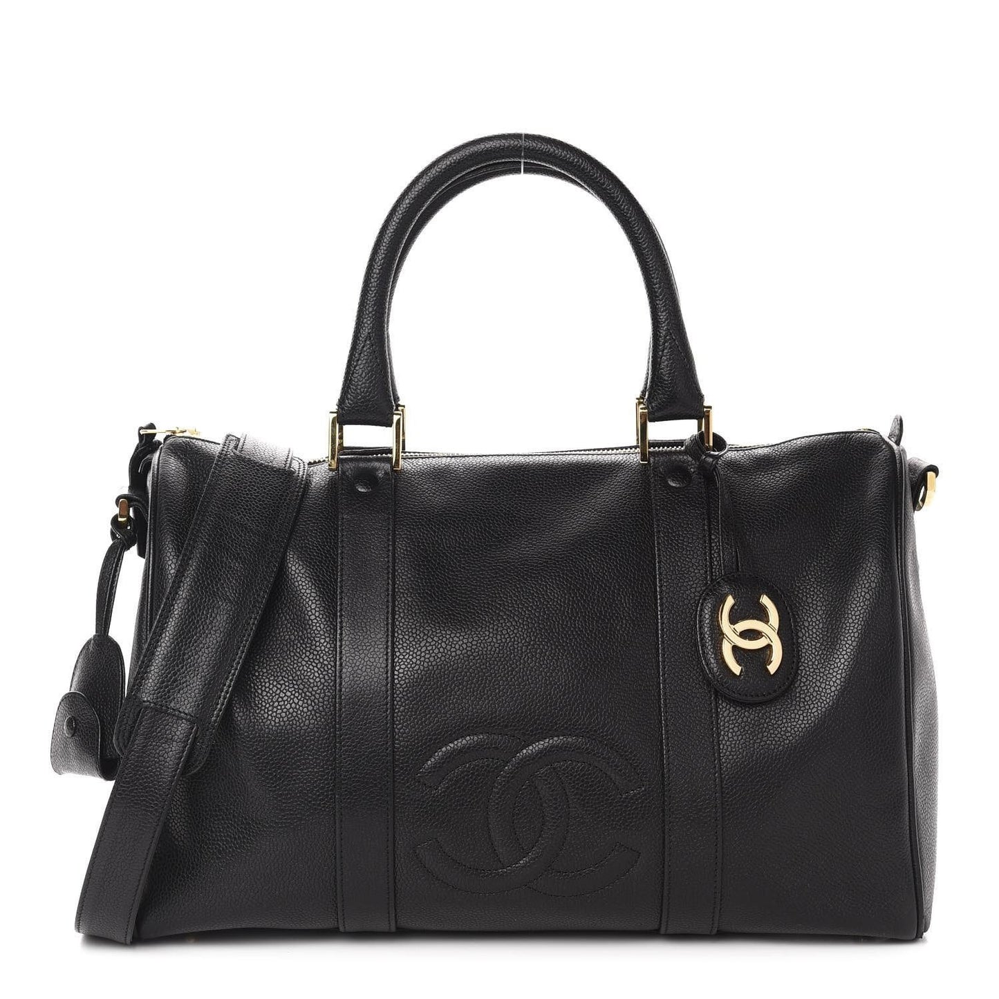 CHANEL Caviar Leather Large Bowler Bag Travel Bag Duffle Black CC Tote