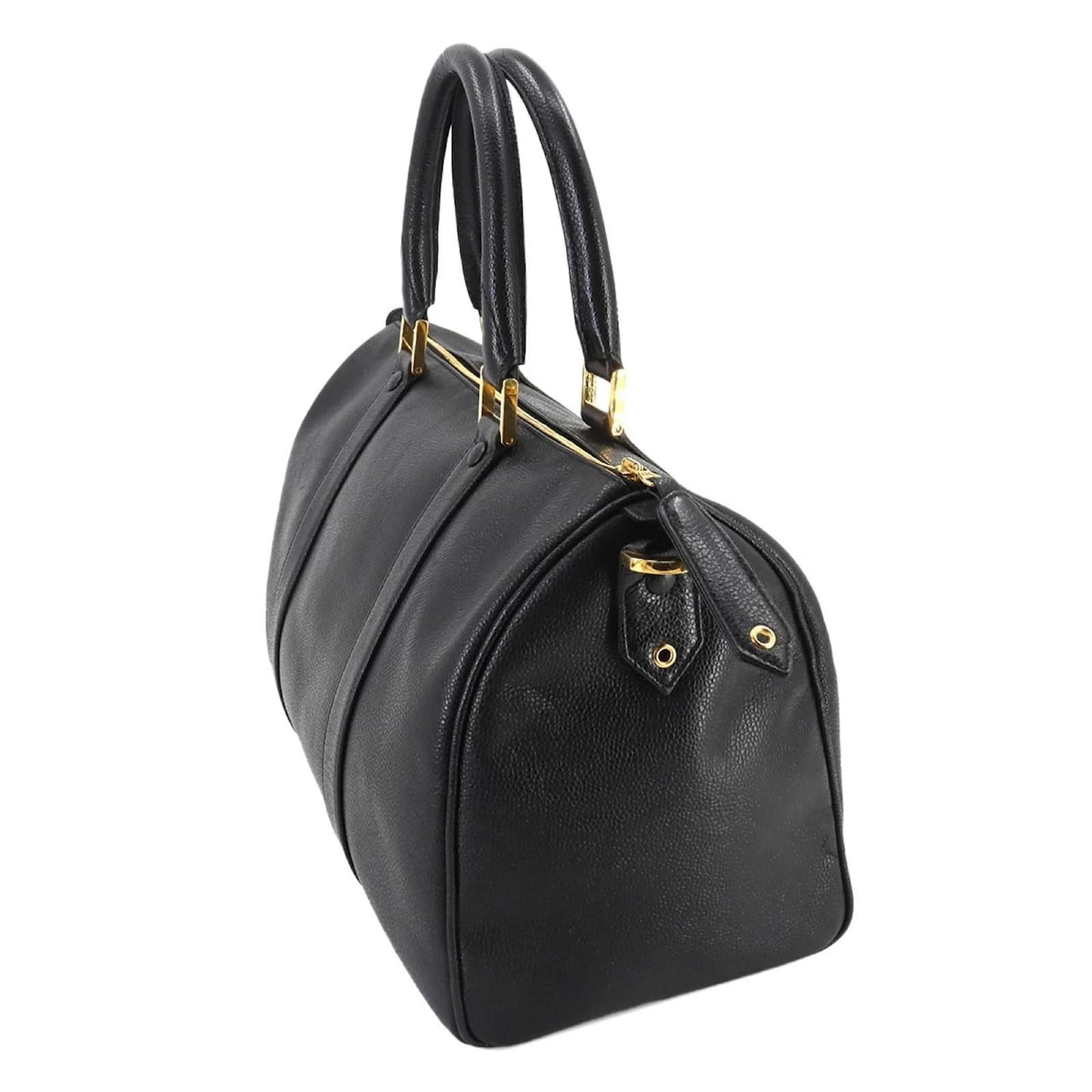 CHANEL Caviar Leather Large Bowler Bag Travel Bag Duffle Black CC Tote