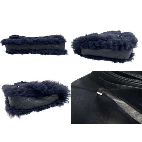 Chanel Shearling Fur Lambskin Gold CC Logo Quilted Chain Shoulder Bag Navy — view 8