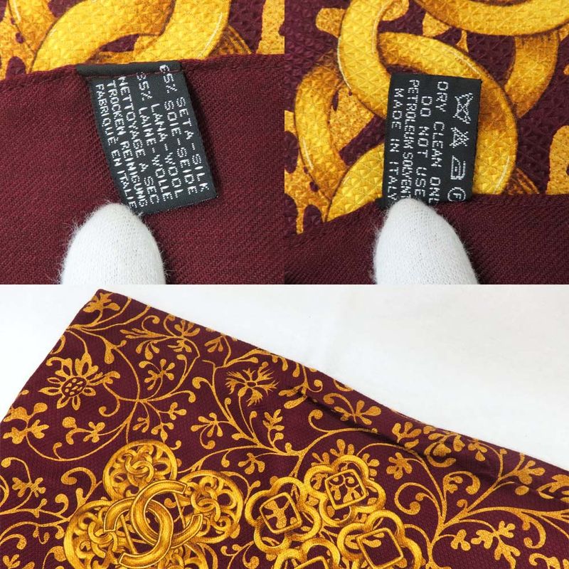 Chanel Large Shawl Chain Pattern Coco Mark Wool Silk Gold Bold - 135cm