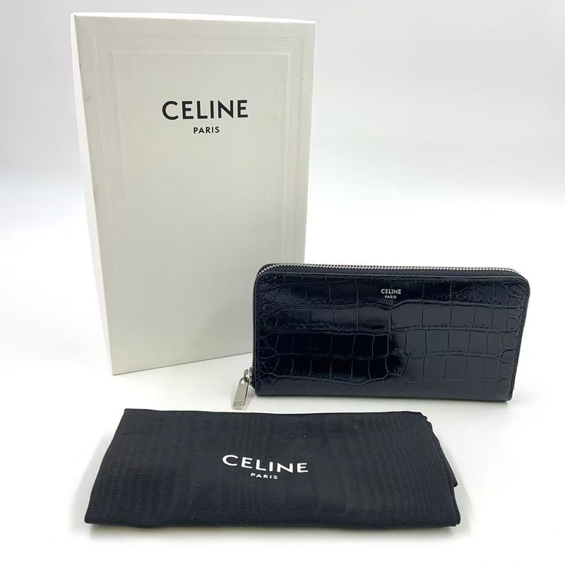 Celine Logo Leather Round Zip Leather Black Wallet Silver