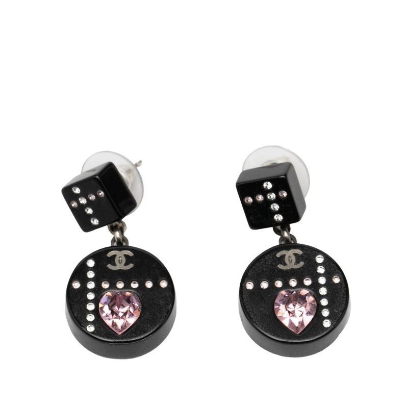 Chanel CC Logo Heart Earrings Silver Black Pink Metal Line Stone