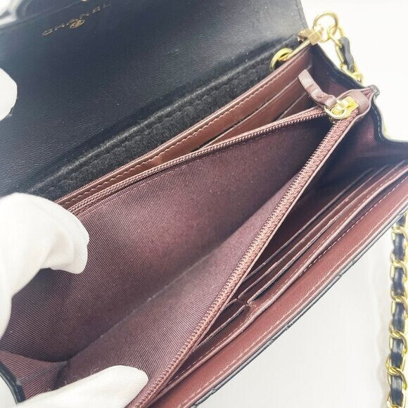 Chanel Lambskin Quilted Leather Wallet Chain Flap Black Purse Tote