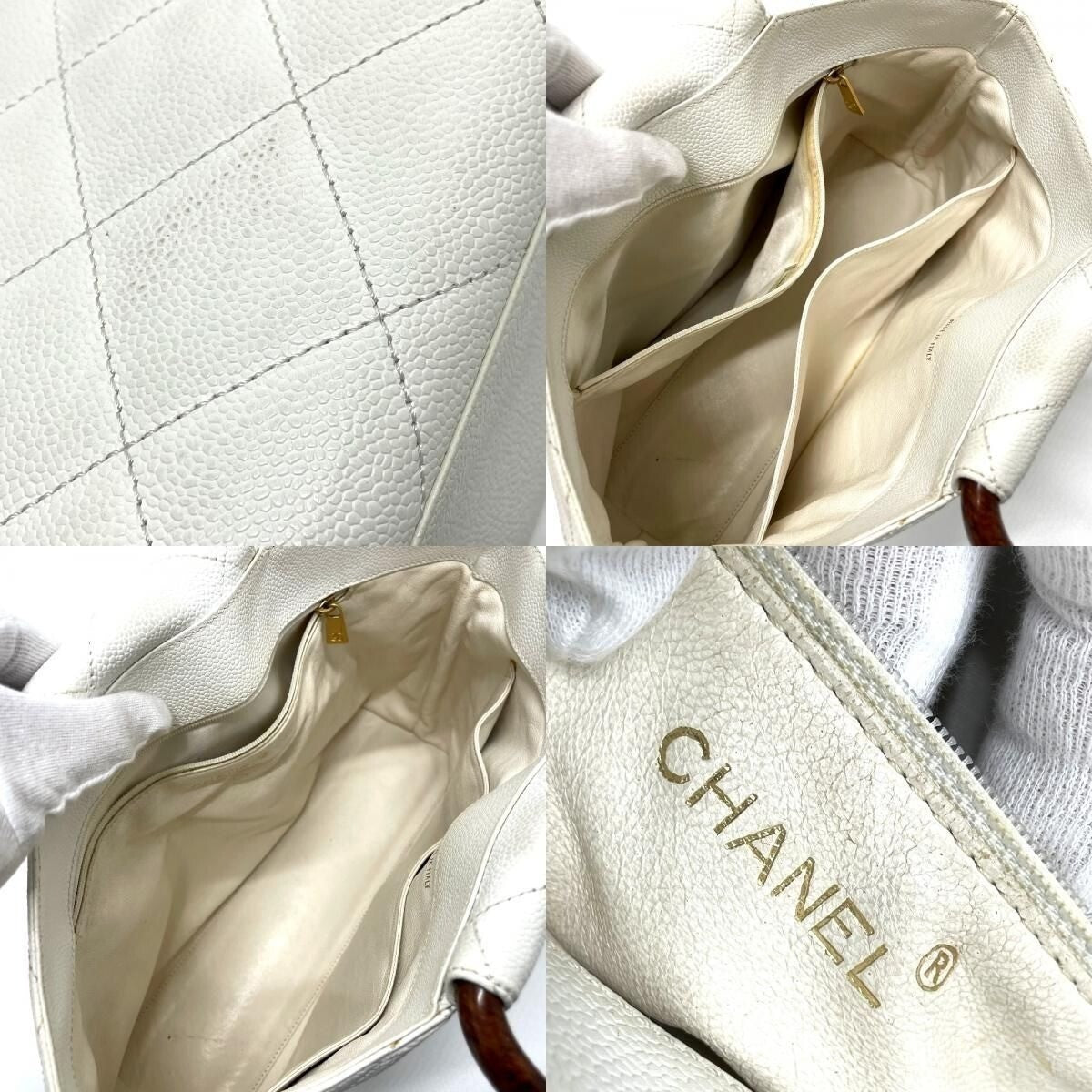 Chanel CC Vintage Caviar Leather Tote White Shoulder Bag Wooden Ring Handle