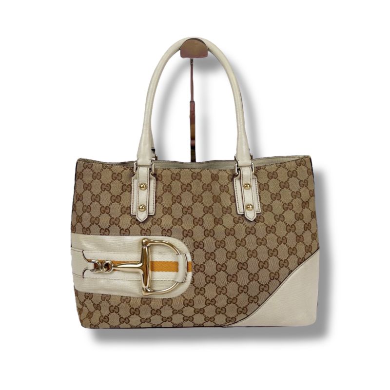 Gucci Hustler Bit Tote Bag GG Canvas Leather Brown White Horsebit Hardware