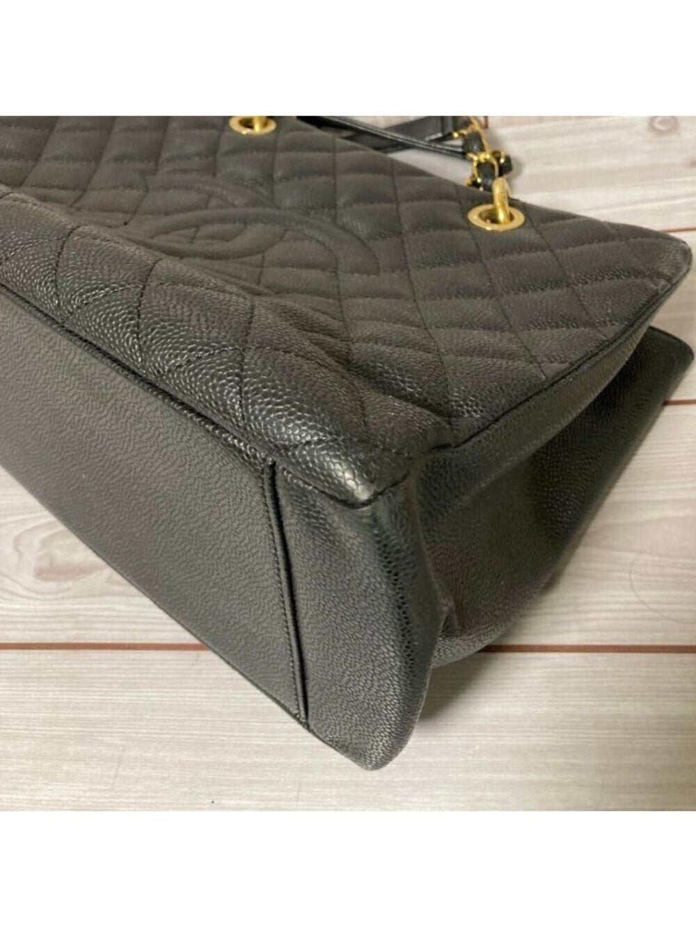 Chanel Gst Caviar Grand Shopping Tote Quilted Shoulder Bag Black Chain