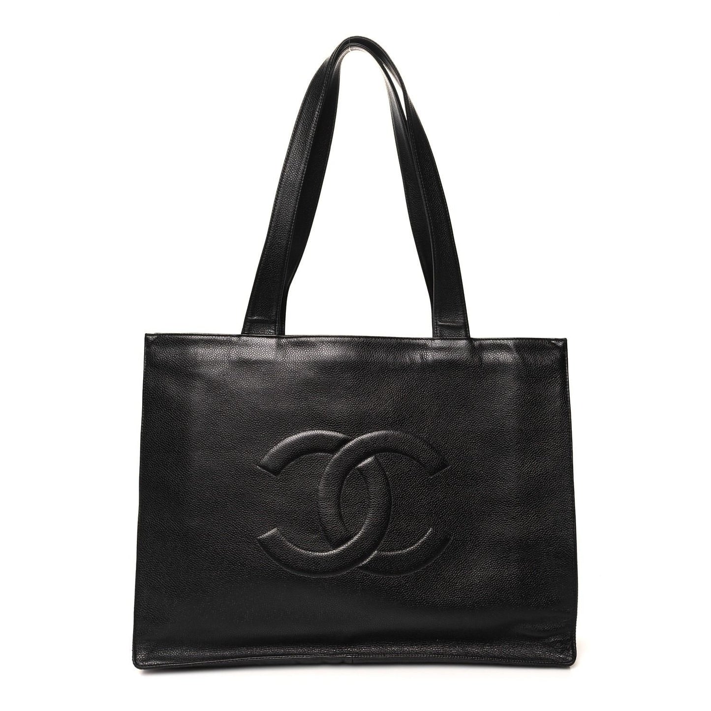 CHANEL Classic CC Caviar Logo Shoulder Tote Bag Black Leather Purse