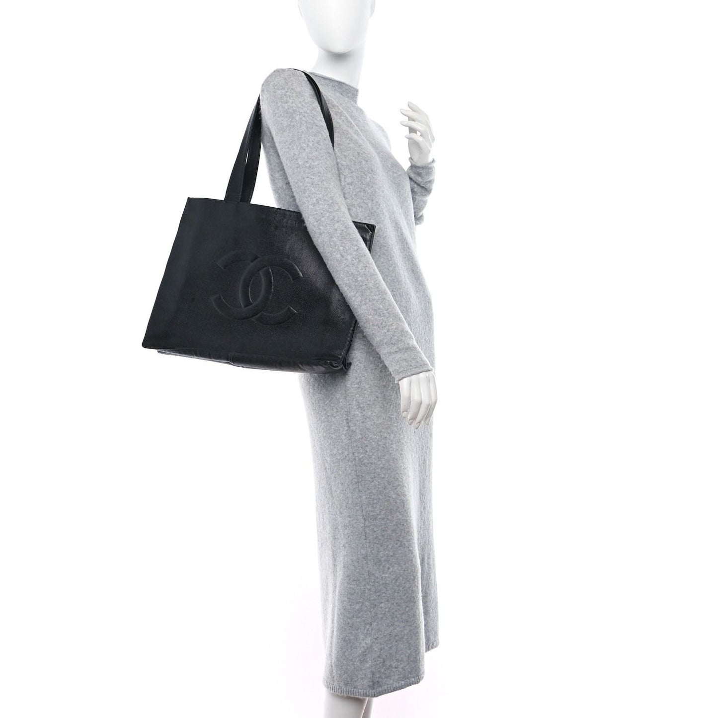 CHANEL Classic CC Caviar Logo Shoulder Tote Bag Black Leather Purse