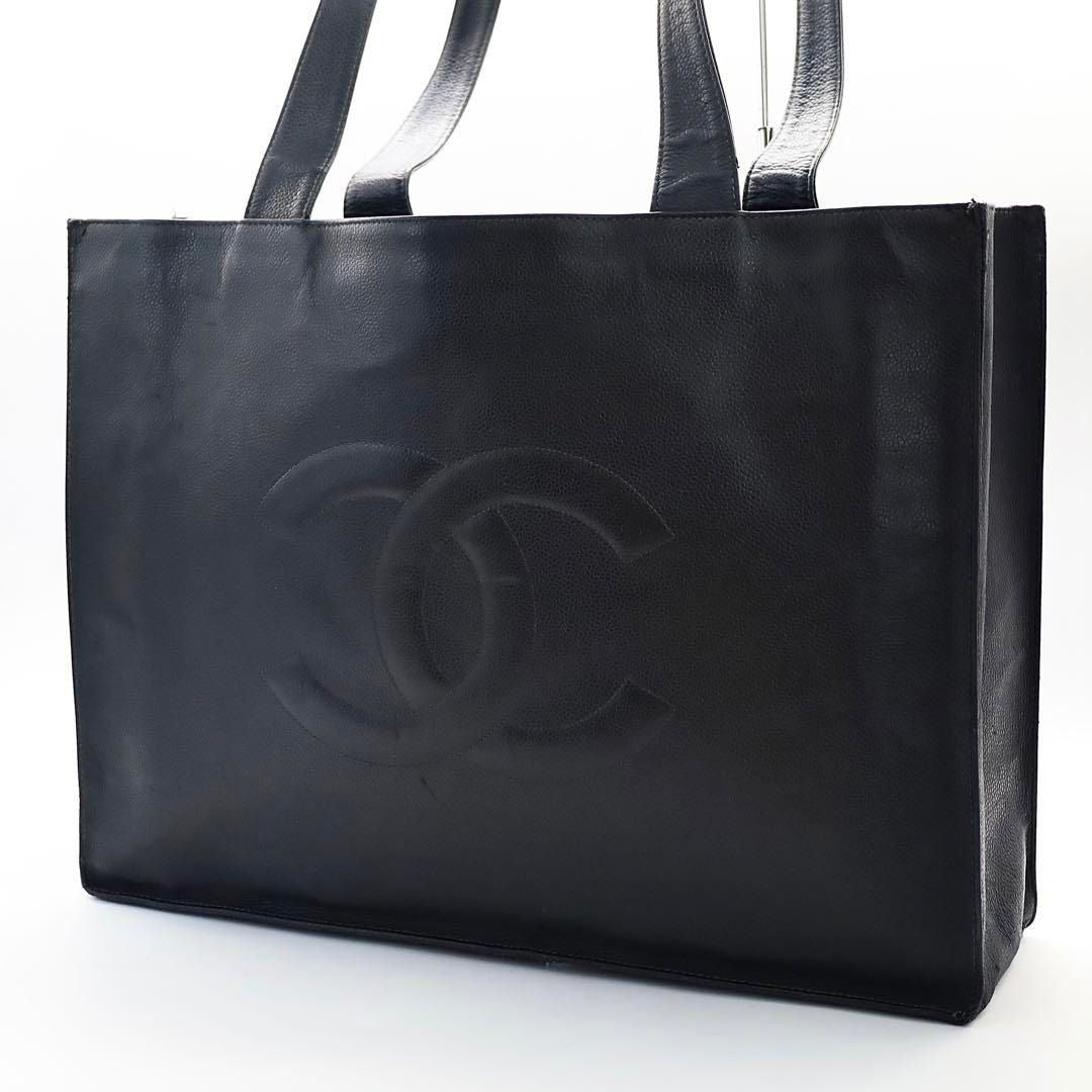 CHANEL Classic CC Caviar Logo Shoulder Tote Bag Black Leather Purse