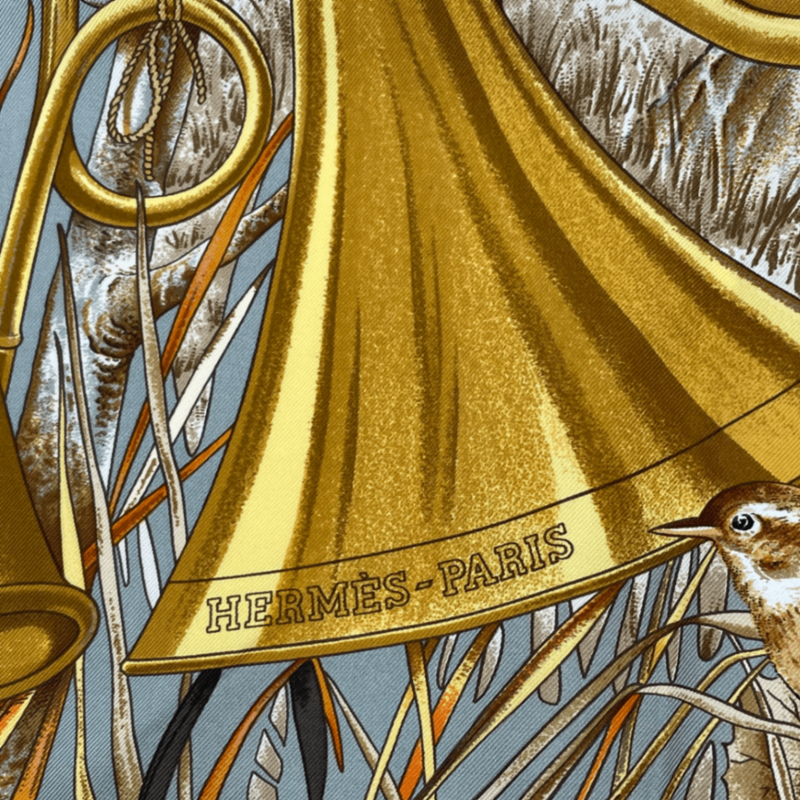 Hermes Carre 90 Chasse Au BOIS Hunting In The Woods Yellow Scarf 100% Silk