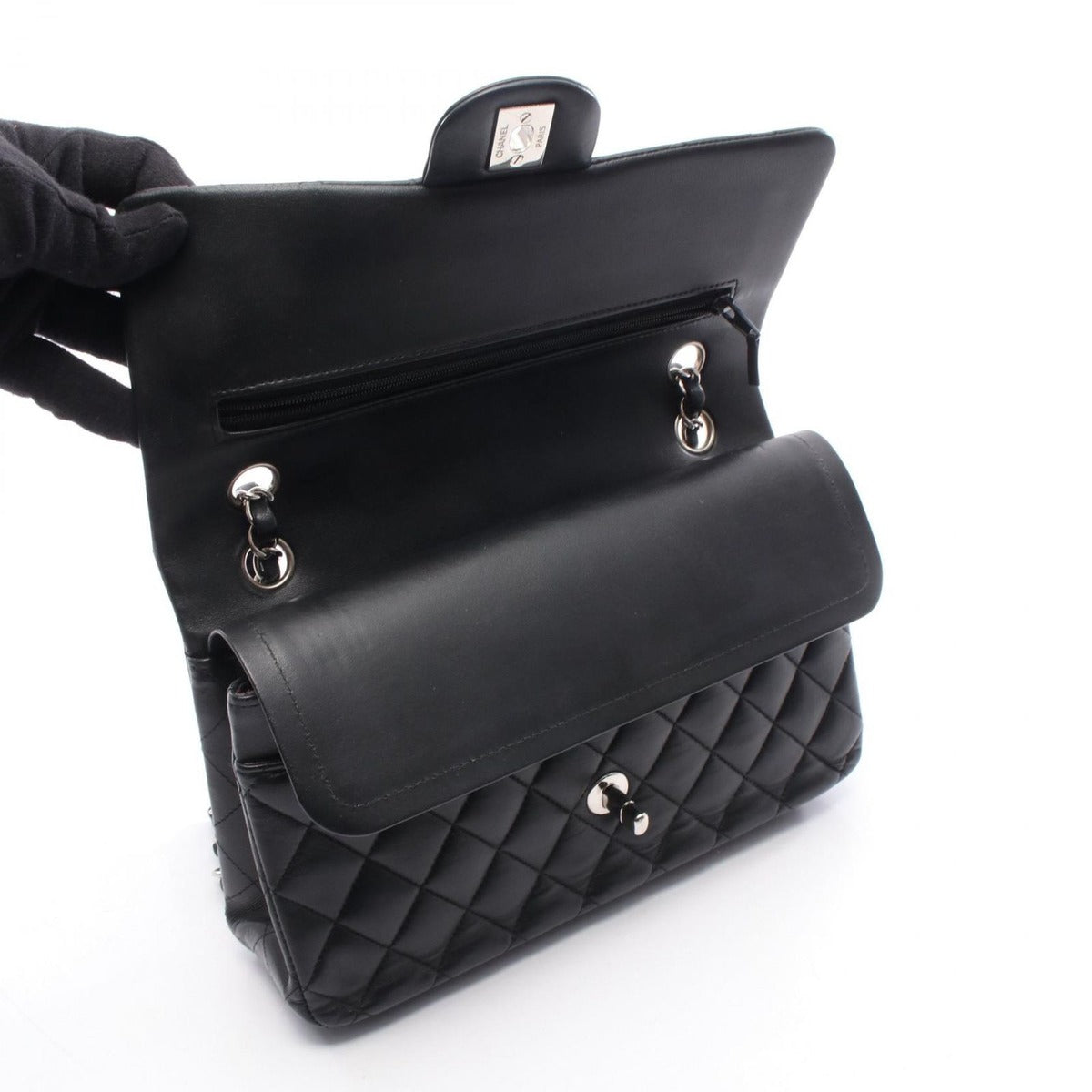 Chanel Shoulder Bag Quilted Double Flap Black Lambskin — view 9