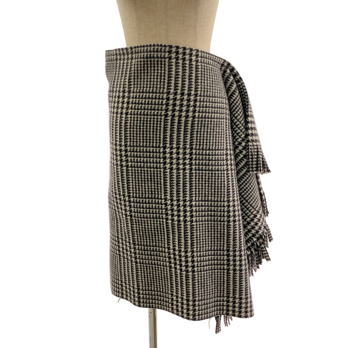 Balenciaga Wool Glen Check Fringe Long Skirt 34 Black White