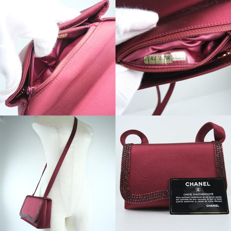 Chanel Party Bag Coco Mark Satin And Rhinestone Bordeaux Ladies Shoulder Bag