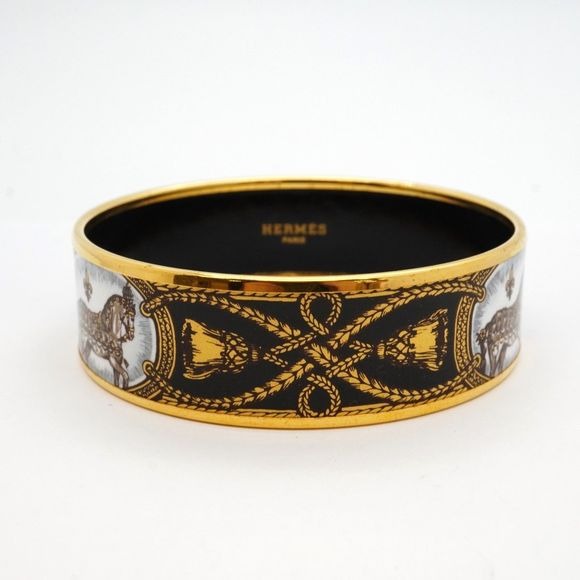 Hermes Bangle Emile GM GP Plated Cloisonne Gold Black White Ladies