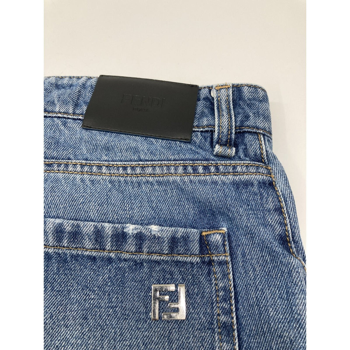 Fendi Blue Cotton FF Metal Plate Zip Fly Denim Shorts Pants — view 8