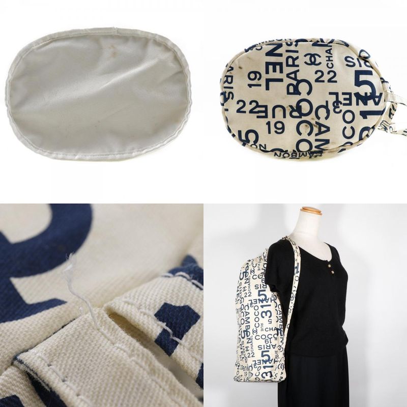 Chanel Beach Bag Vichy Line Logo Cotton White Women's Shoulder Bag