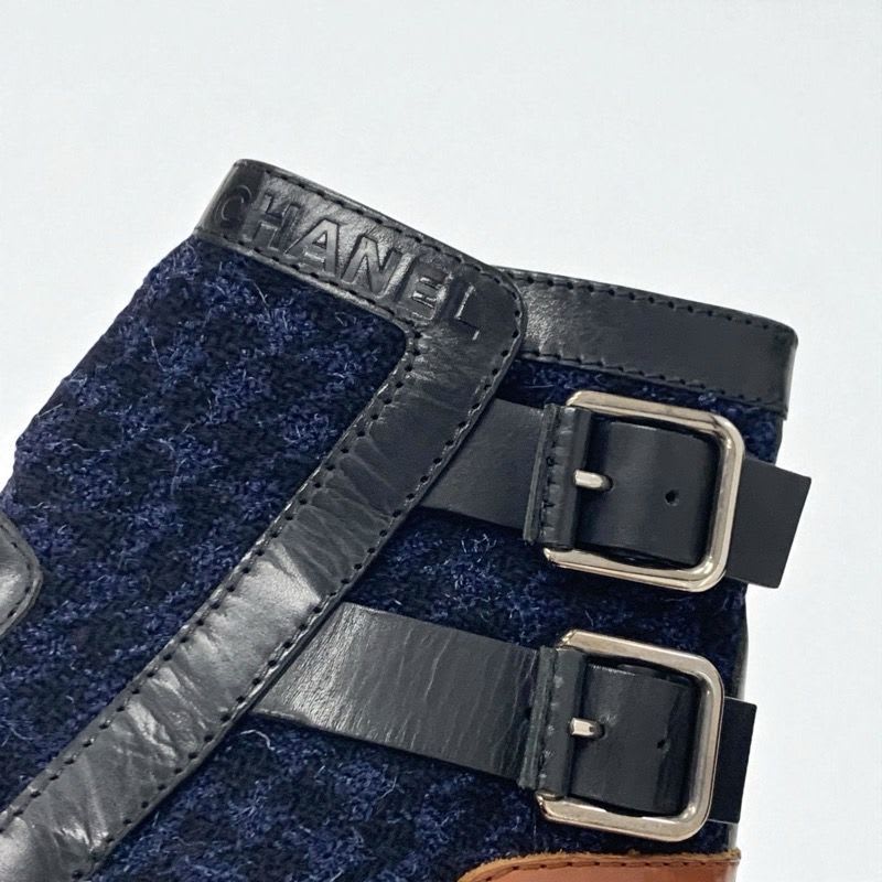 Chanel Boots Short Shoes Tweed Black Navy Brown Logo Belt