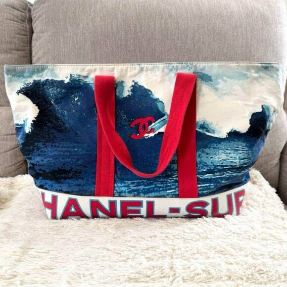 CHANEL Surf Line Tote Bag XL High Summer Large Canvas Shoulder Bag