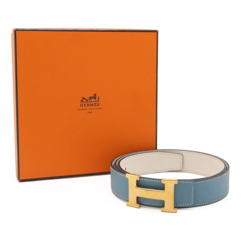 Hermes H Belt H Buckle Reversible Togo Leather Blue Jean Light Blue White Gold