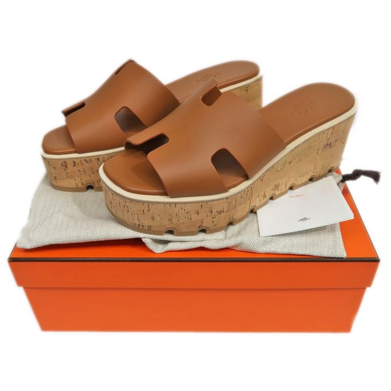 Hermes Eze Sandals Size 39 Leather Cork Natural Thick Sole Shoes — view 10