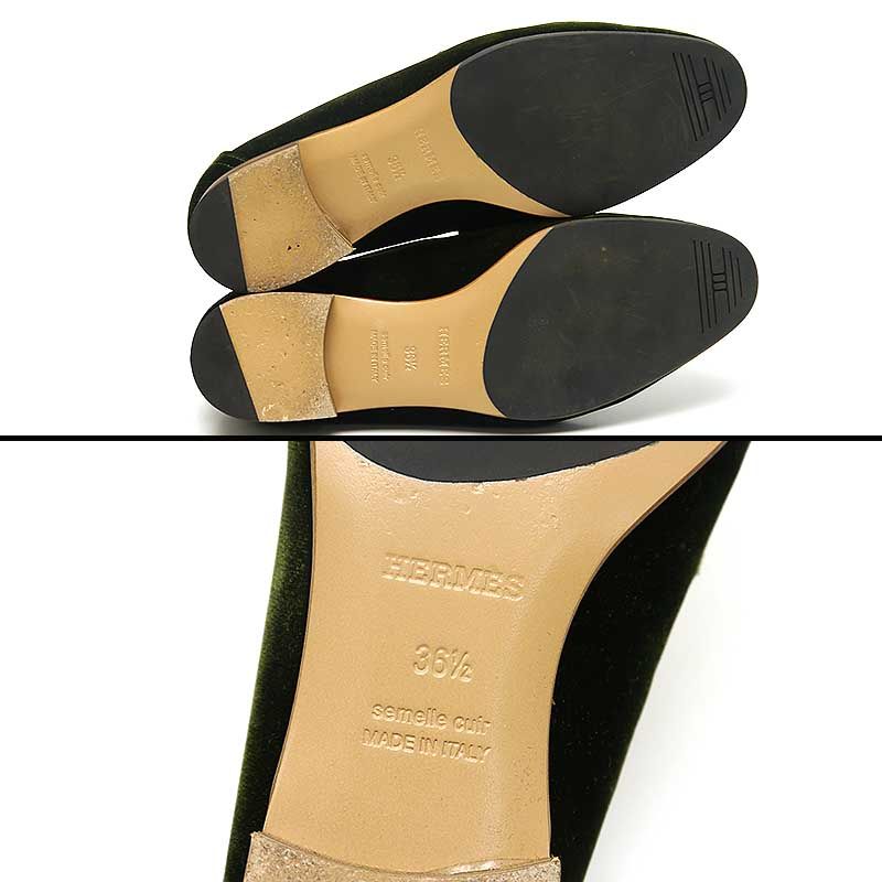 Hermes Moccasins Paris Velours 36.5 Women's Green And Gold Hardware