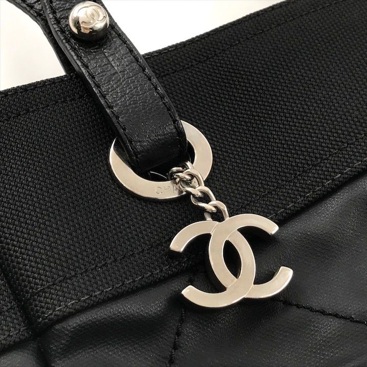 Chanel CC Logo Paris Biarritz PM Hand Bag Black Jacket