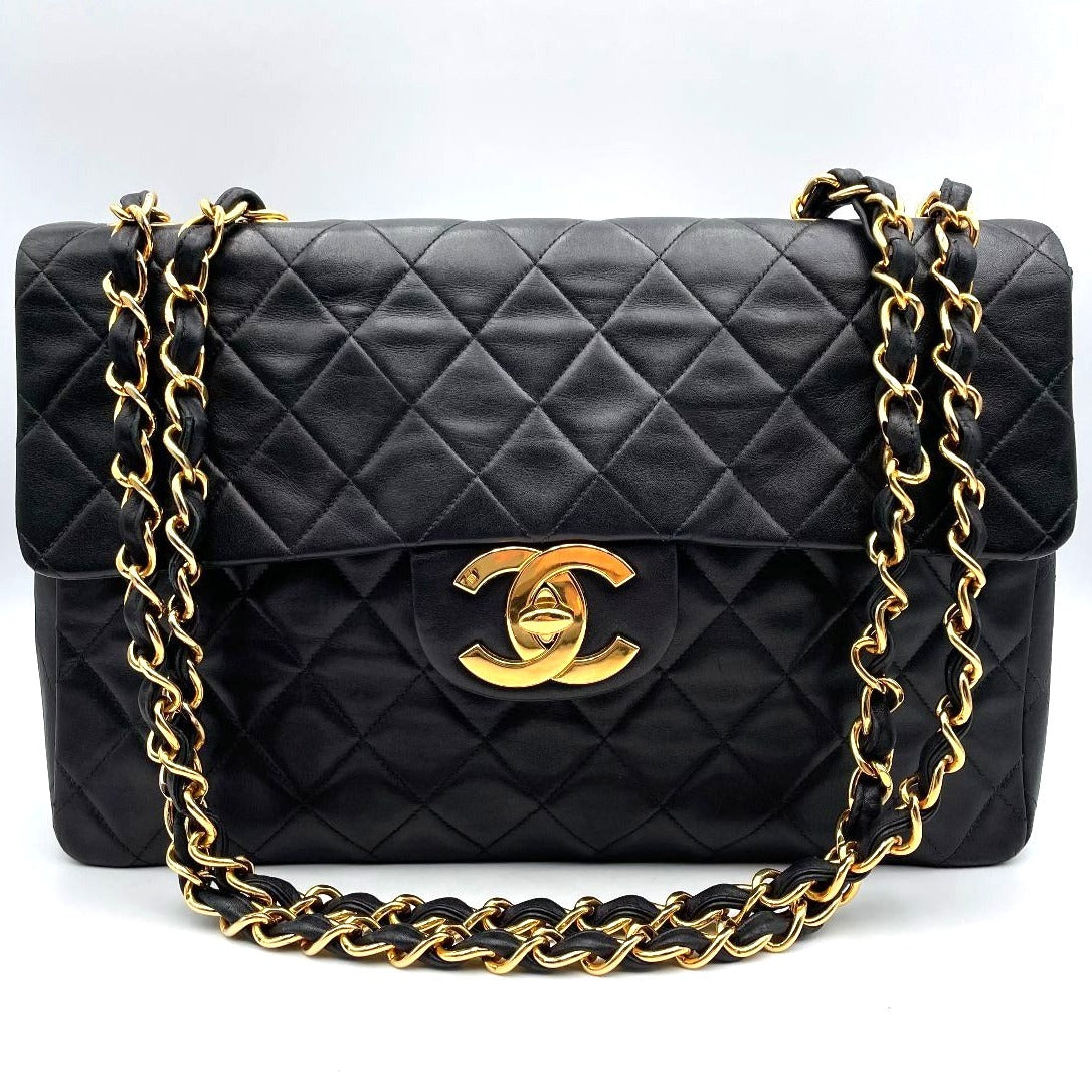 CHANEL Jumbo Maxi XL 24K Gold Flap Bag Lambskin Chain Shoulder Black