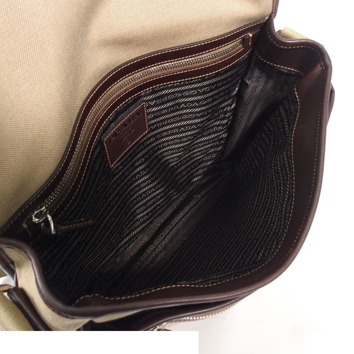 Prada Logo Jacquard Beige Brown Canvas Leather Shoulder Bag — view 8