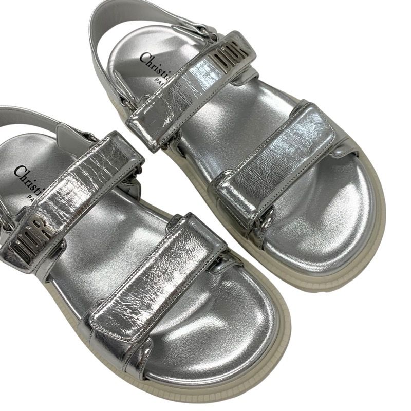 Christian Dioract Sandals Shoes Leather Metallic Silver Unused Logo Lambskin