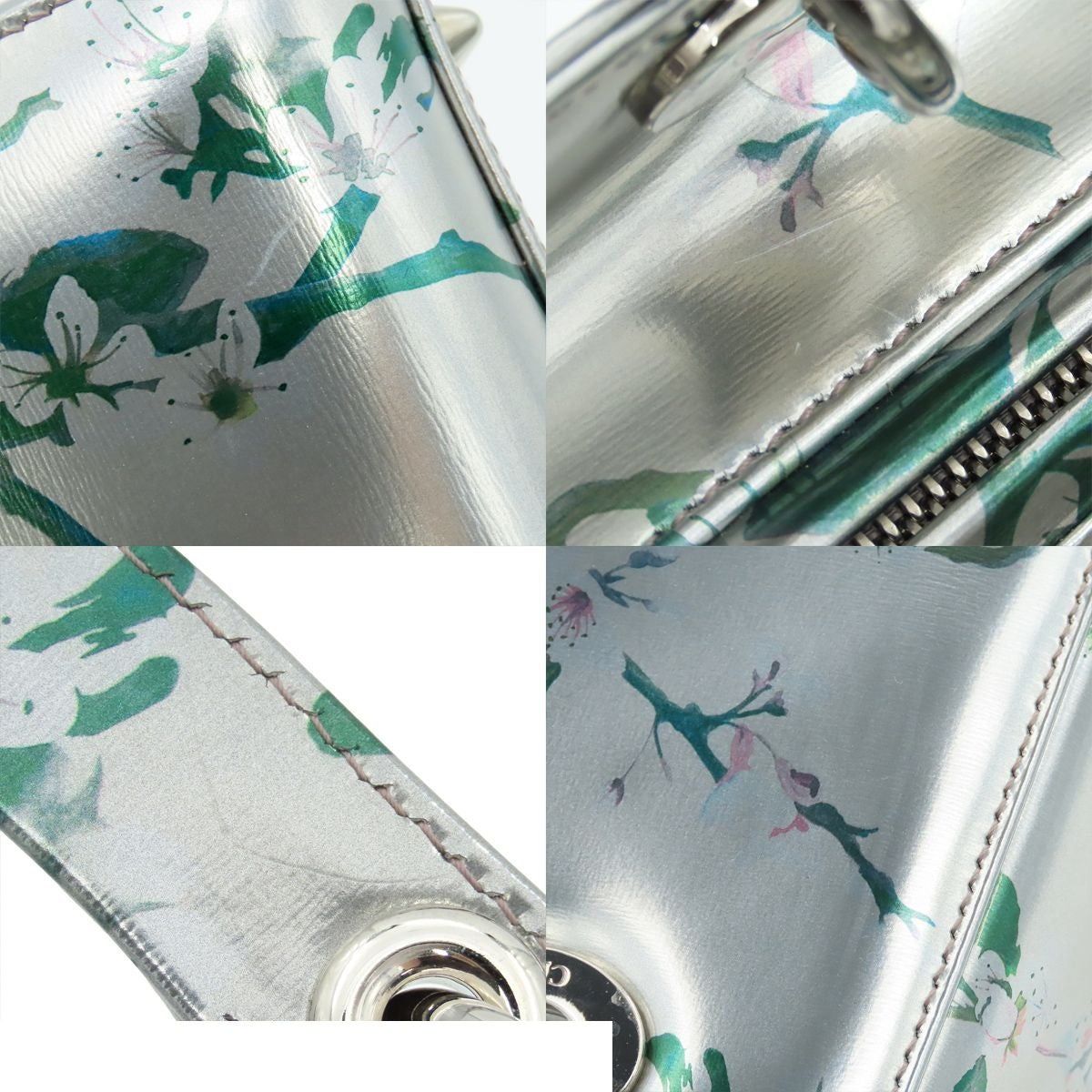 Dior Lady Medium Silver Lambskin 2-Way Shoulder Bag Floral Metallic — view 8