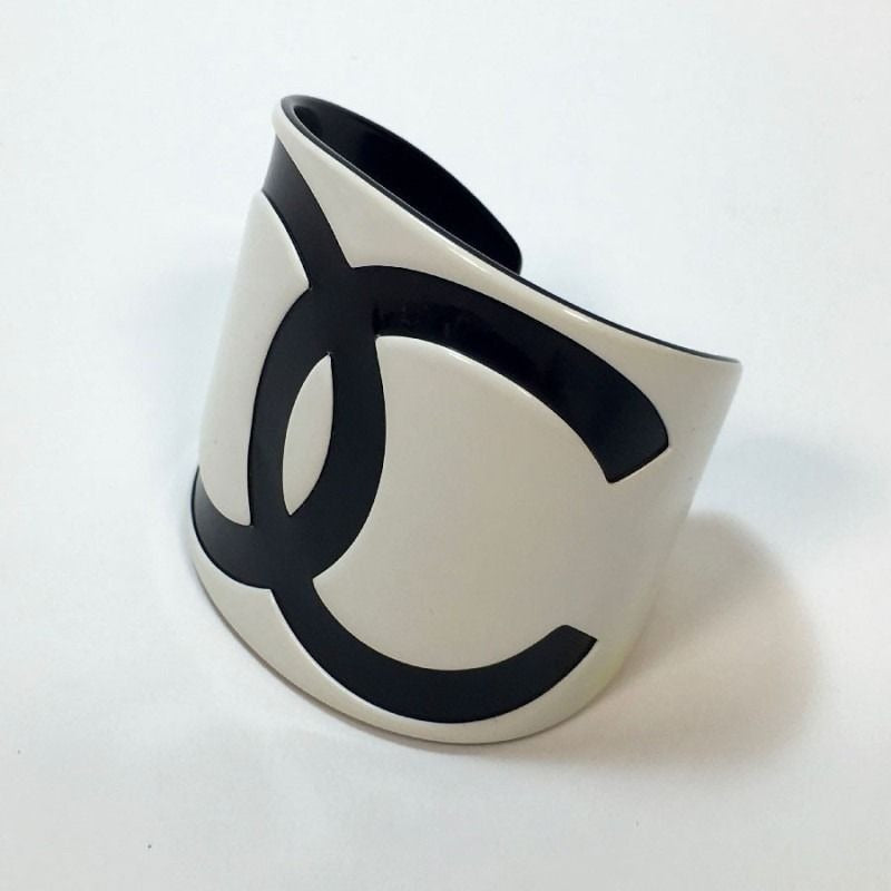 CHANEL CC Cuff Logo 05V Vintage Bracelet Bangle Black White Wide
