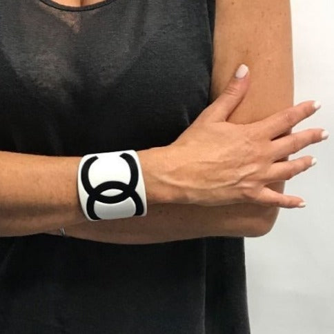 CHANEL CC Cuff Logo 05V Vintage Bracelet Bangle Black White Wide
