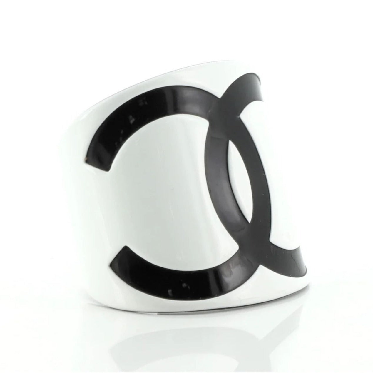 CHANEL CC Cuff Logo 05V Vintage Bracelet Bangle Black White Wide