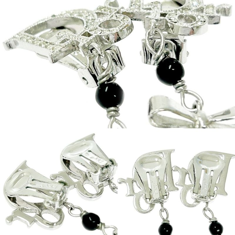 Christian Dior Metal Rhinestone Dior Logo Swing Ribbon Earrings Silver 291225