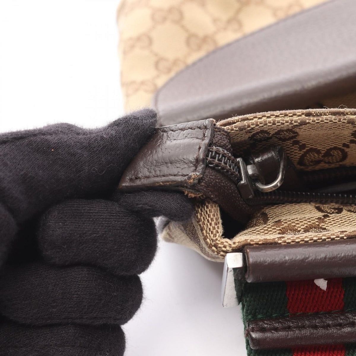 Gucci Shoulder Bag GG Canvas Sherry Line Beige Dark Brown Leather — view 10