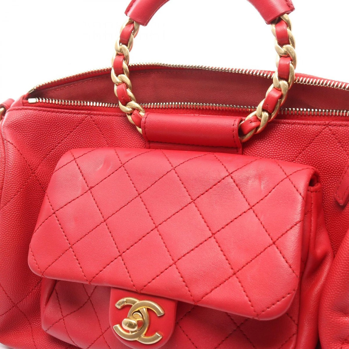 Chanel Shoulder Bag Quilted Red Leather Lambskin Loop Handle 2-Way — view 11