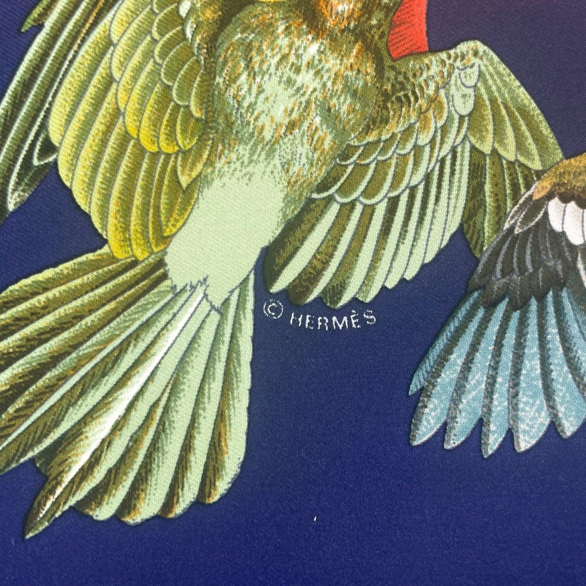 Hermes Scarf Silk Carre 90 L'intrus Intruder Bird Pattern Navy — view 8