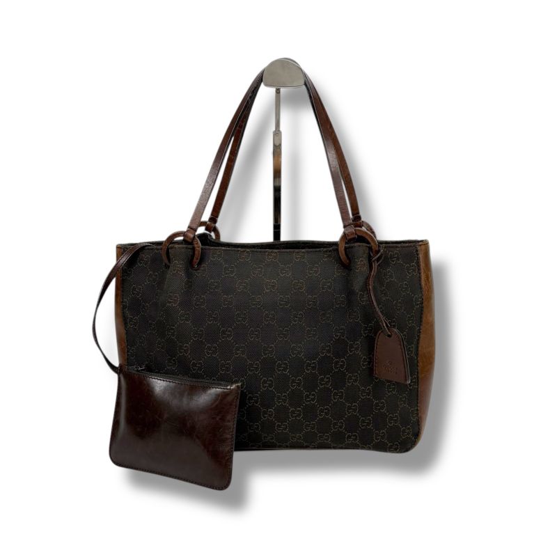 Gucci GG Canvas Leather Mini Tote Handbag With Pouch Brown