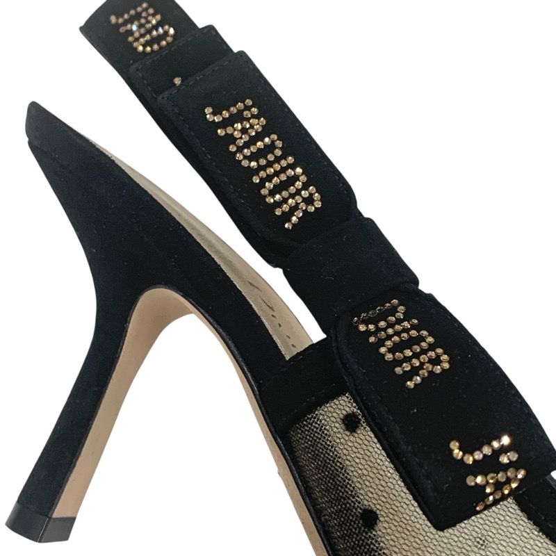 Christian DIOR Jadior Sandals Shoes Mesh Suede Black Rhinestone Dot Ring Back