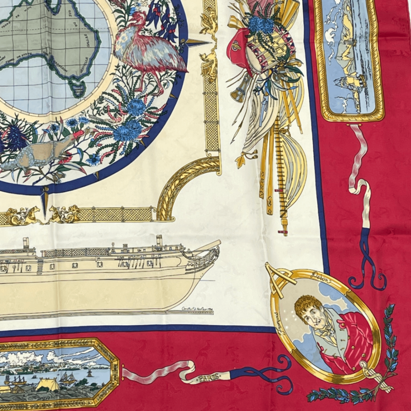 Hermes Carre 90 LE Geographe Geographer Red And Multicolor 100% Silk