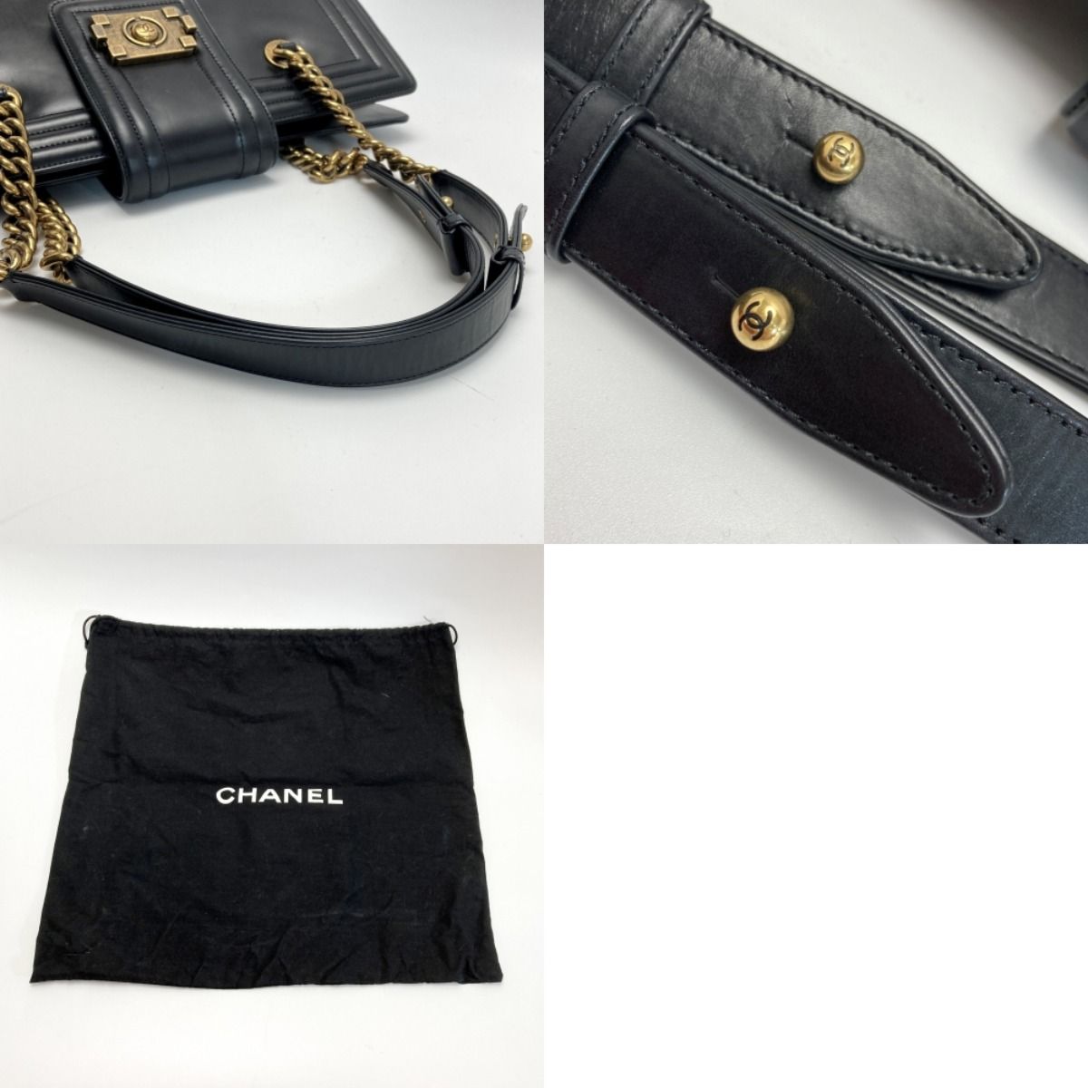 Chanel Boy Chanel Chain Tote Bag Black Leather Coco Mark One Shoulder