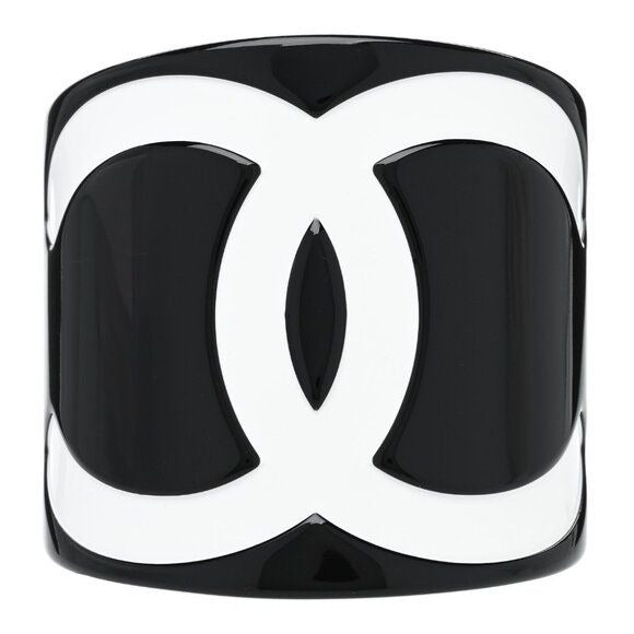 CHANEL CC Logo Vintage Bracelet Cuff Bangle Black White Wide